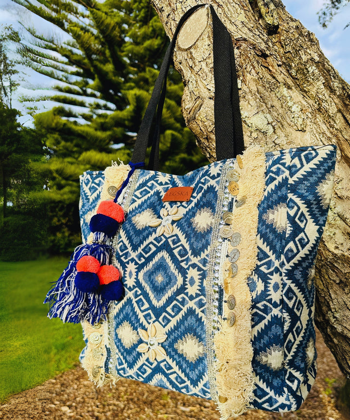 Bohemian Chic Handmade Blue Tote Bag - Bagpac